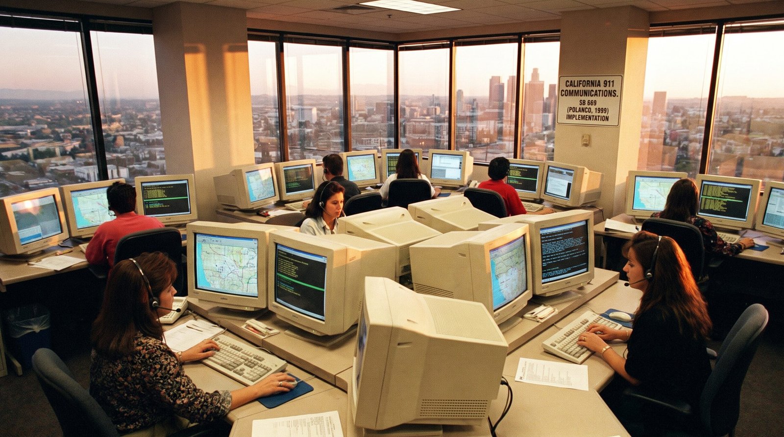 California 911 dispatch center late 1990s, a row of dispatchers at their consoles with multiple monitors showing maps and call screens, late afternoon light, archival editorial style, the nerve center of the 911 system. SB 669 (Polanco, 1999) reformed the 911 and CPUC telecom advisory boards.