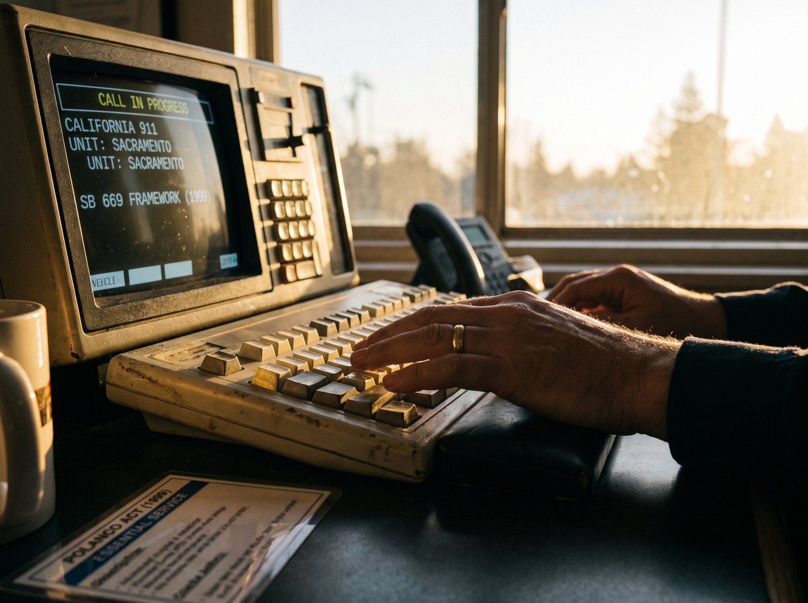Close-up of a 911 dispatcher hand on a console with the call screen lit, late afternoon light, archival editorial style, the working practice of California 911 service.