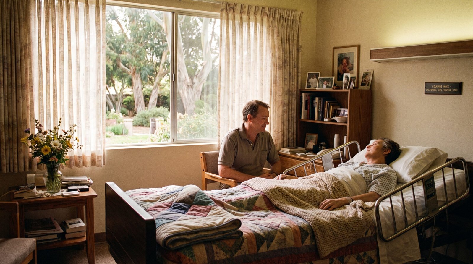 A quiet California hospice room in the late 1980s, a caregiver seated beside a patient's bed, a large window opening onto a sunlit garden with eucalyptus trees, soft afternoon light filtering through sheer curtains, a vase of wildflowers on a side table. The AIDS hospice licensing law (AB 4536, Polanco, 1988) made specialized end-of-life care for AIDS patients a licensed category in California.