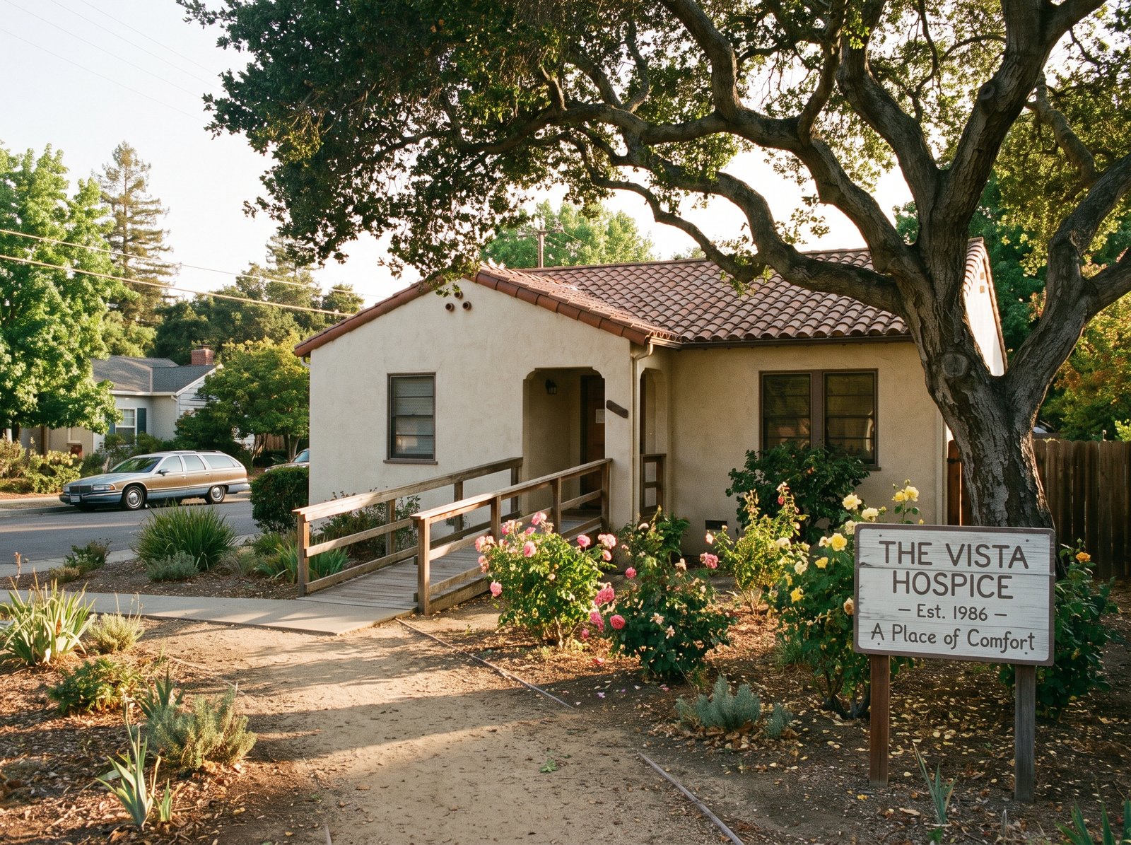 A small freestanding California hospice building exterior in late 1980s residential Sacramento or West Hollywood, single-story stucco with a small rose garden in front, an accessibility ramp and quiet entryway, late afternoon golden hour light, the founding image of dedicated AIDS hospice facilities that AB 4536 (Polanco, 1988) made legally possible.