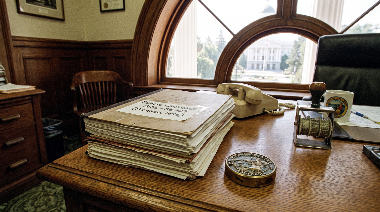 California state procurement office mid-1990s, a stack of public contract bid documents on a wooden desk with a small California state seal, late afternoon light, archival editorial style. SB 429 (Polanco, 1995) raised public contract bid limits to reflect inflation.