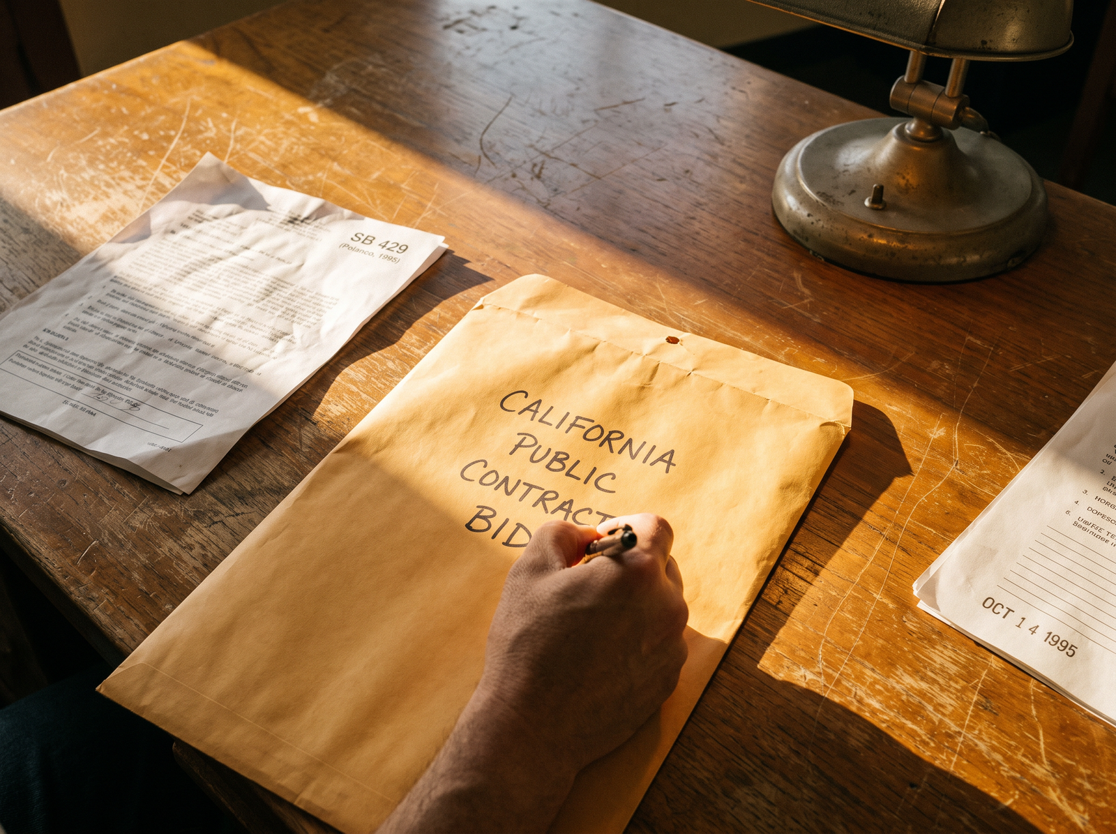 Close-up of a hand signing a California public contract bid envelope on a wooden desk, late afternoon light, archival editorial style, the working practice of California public contract bidding. SB 429 (Polanco, 1995) raised the bid limits to keep small purchases efficient.