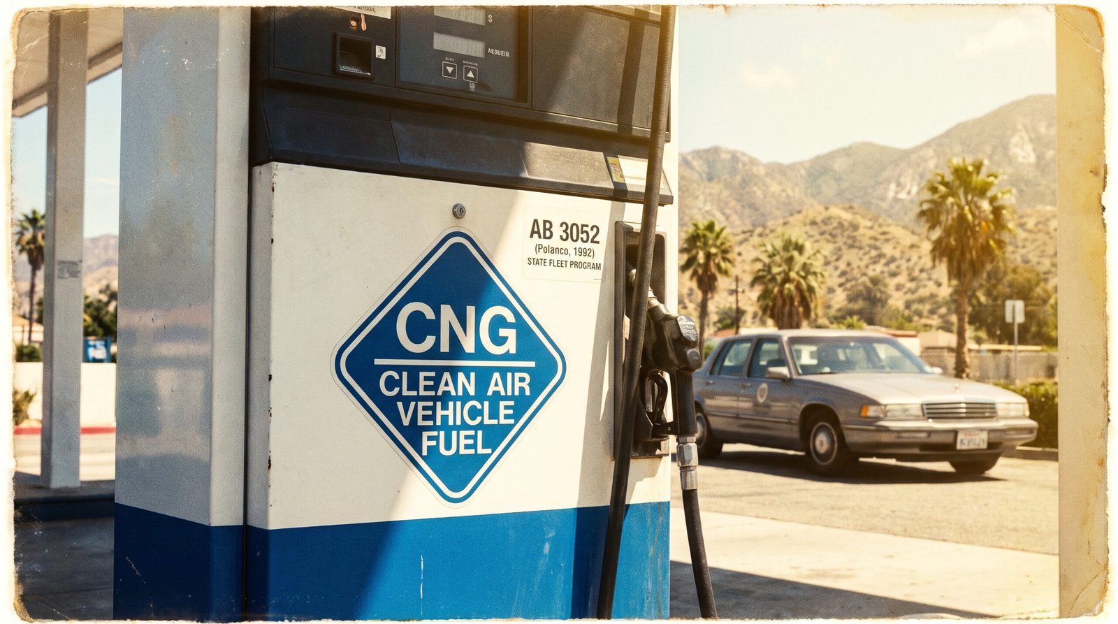 California alternative fuel station early 1990s, a clean white-and-blue natural gas pump on a sunny California afternoon, with mountains in the distance, archival editorial style, slightly faded 1990s film stock look. AB 3052 (Polanco, 1992) directed the California state fleet to use alternative fuels.