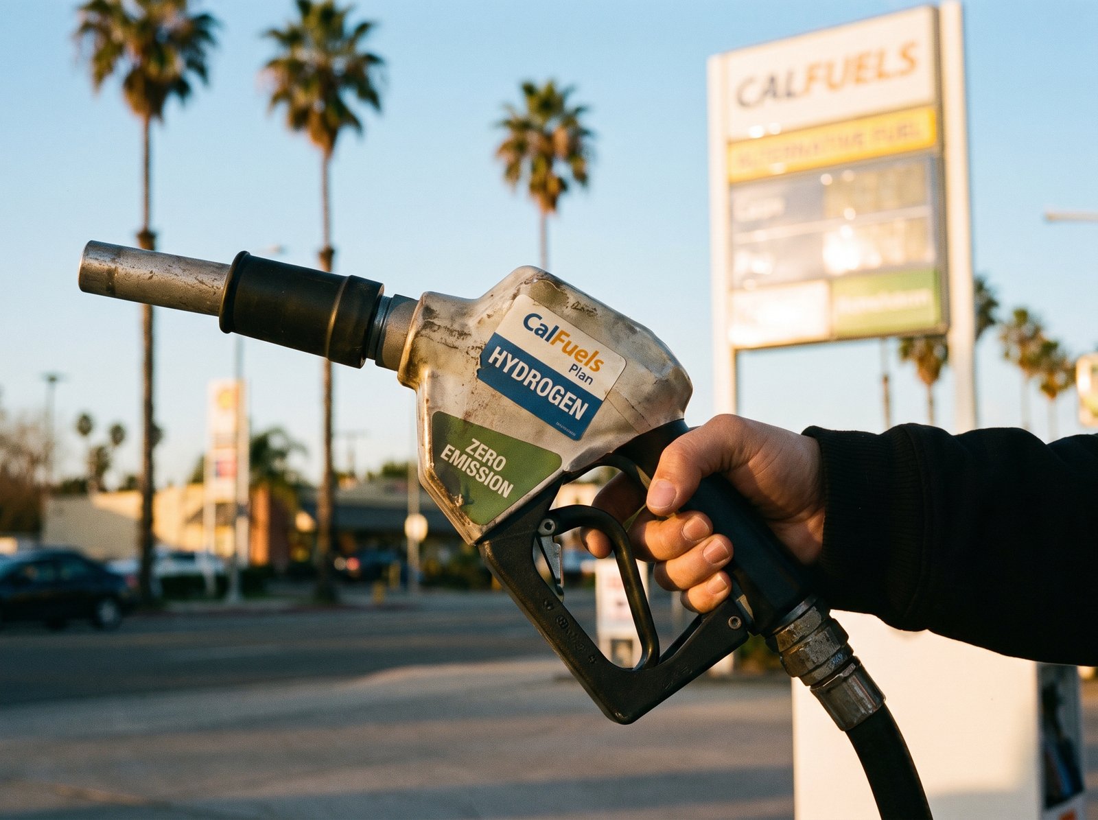 Close-up of an alternative fuel nozzle at a California fuel station, late afternoon light, archival editorial style, the working tool of the CalFuels Plan. AB 3052 (Polanco, 1992) directed the state fleet to use alternative fuels.