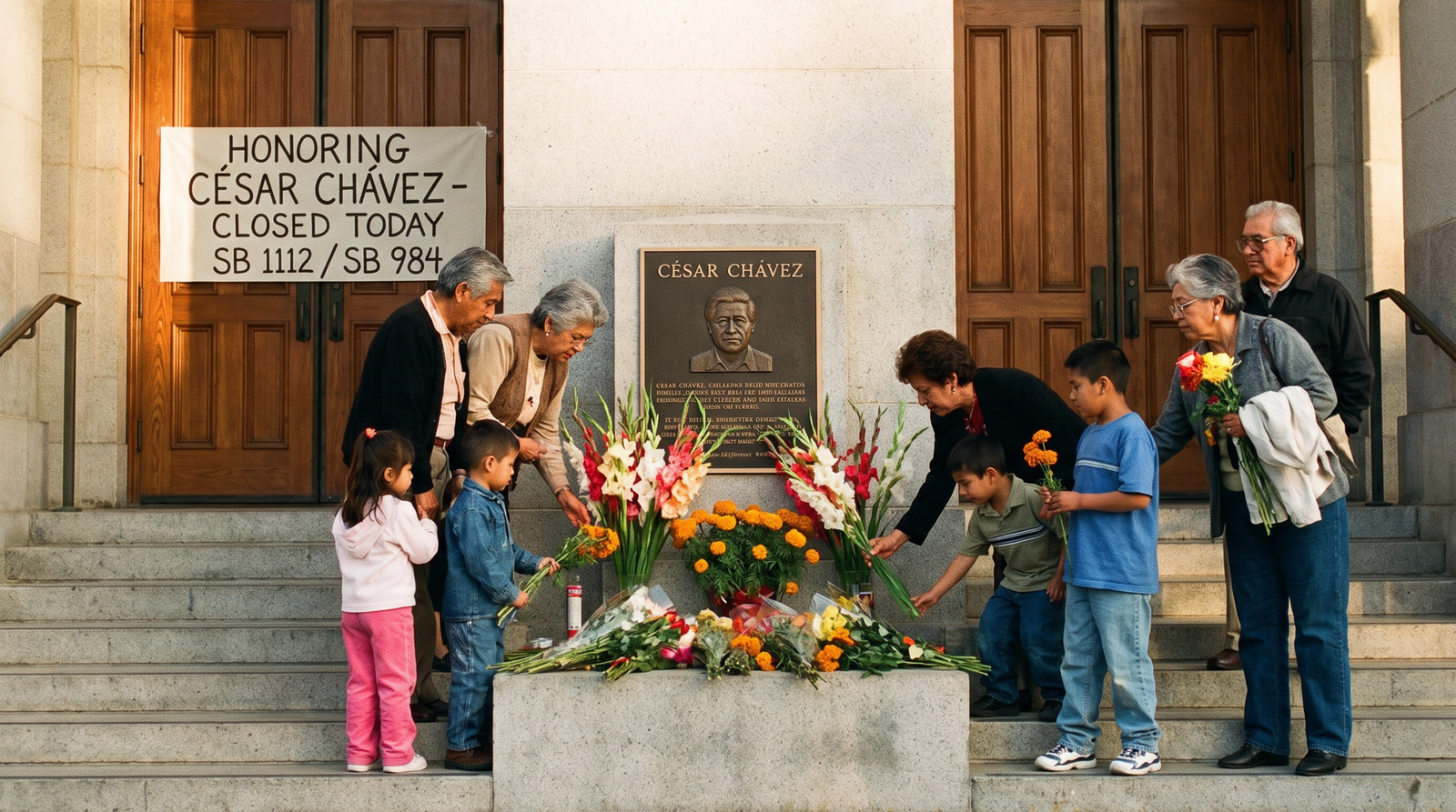 California state courthouse steps on a March 31 morning, families laying flowers at the base of a CÃ©sar ChÃ¡vez memorial, late afternoon light, archival editorial style, dignified and warm. SB 1112 (Polanco, 2000) closed the court on CÃ©sar ChÃ¡vez Day as a companion to SB 984.