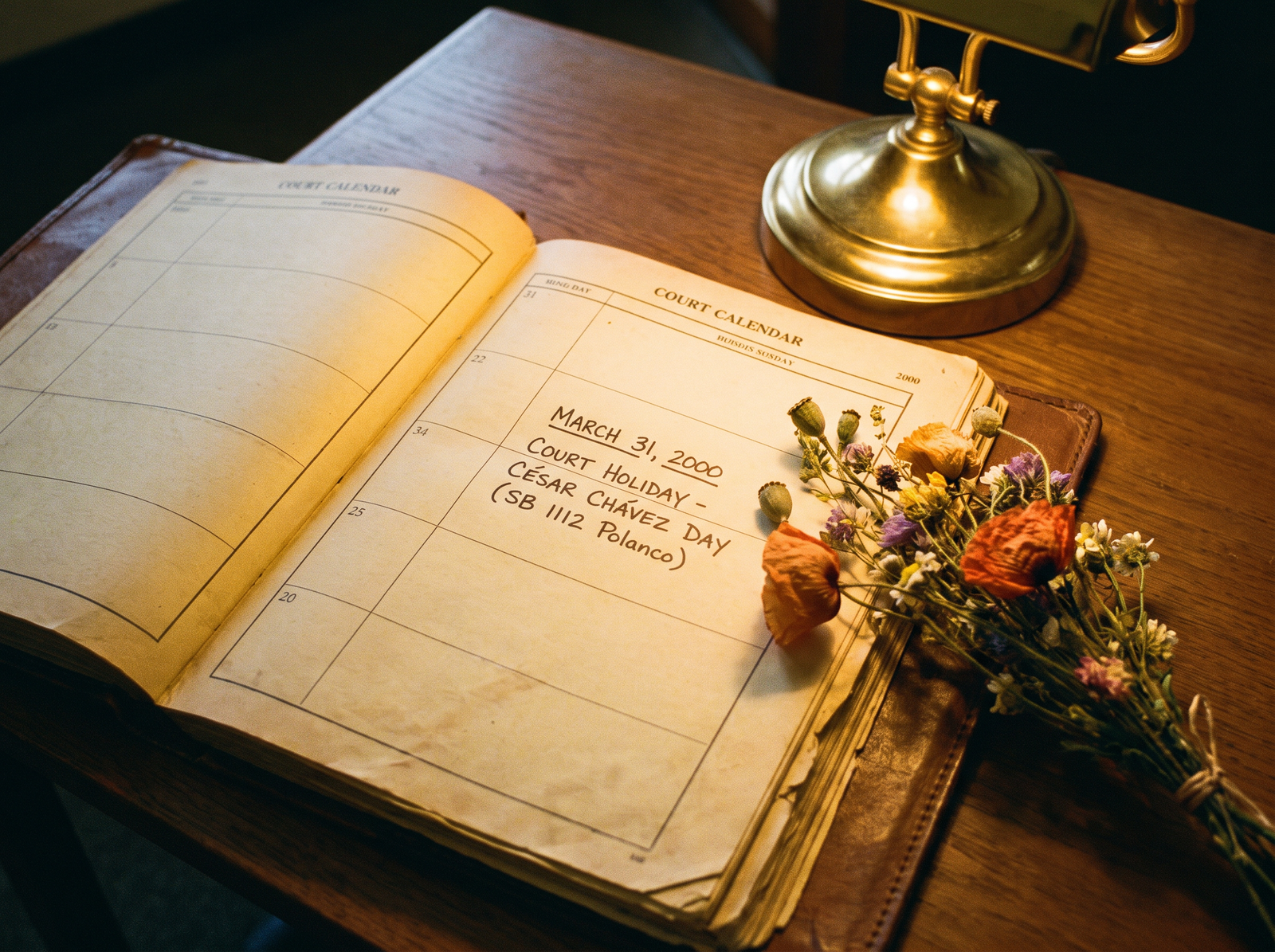 Close-up of a court calendar showing March 31 marked as a court holiday with a small bouquet of flowers, late afternoon light, archival editorial style, the working instrument of California CÃ©sar ChÃ¡vez Day court closure. SB 1112 (Polanco, 2000) made March 31 a court holiday.