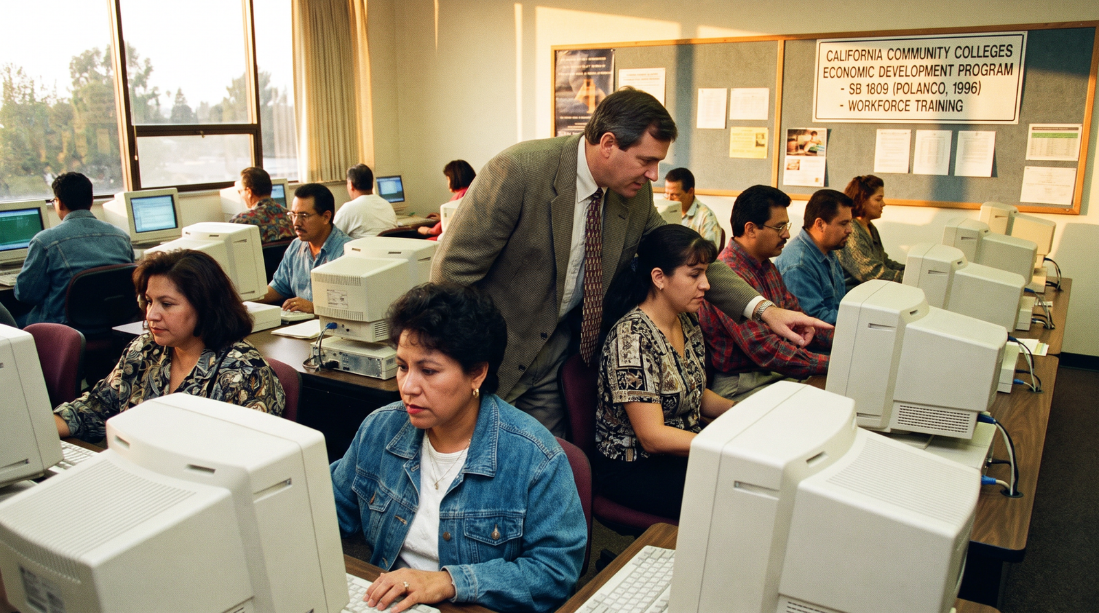 California community college economic development office mid-1990s, a workforce training classroom with adults at computers and a small business advisor in conversation, late afternoon golden light, archival editorial style. SB 1809 (Polanco, 1996) created the Community Colleges Economic Development Program.