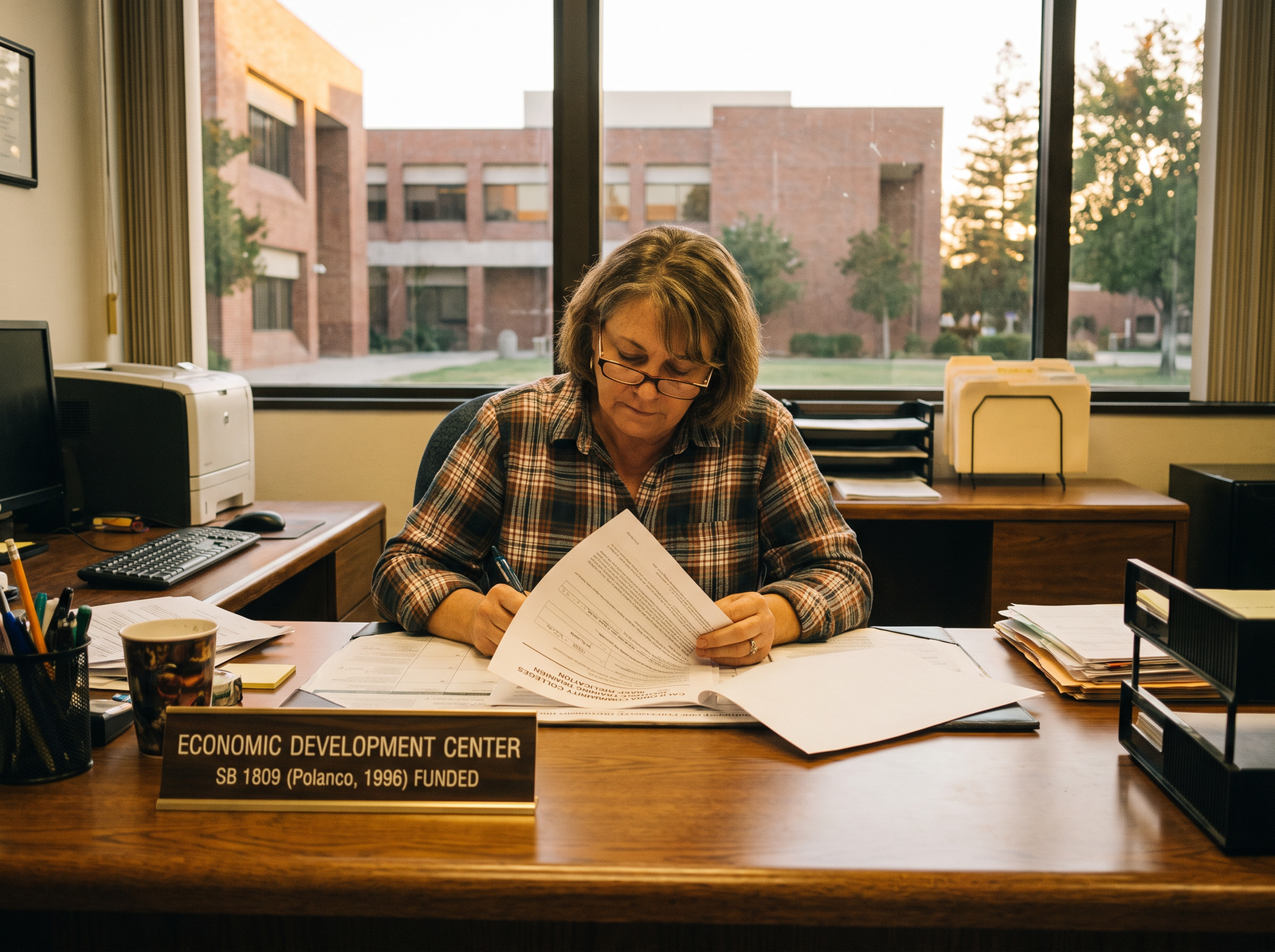 Close-up of a small business owner reviewing a workforce training grant form at a community college desk, late afternoon light, archival editorial style, the working practice of California community college economic development.