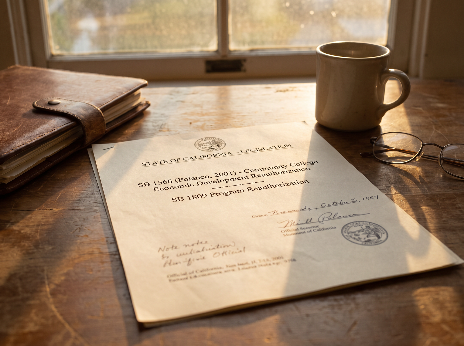 Close-up of a community college economic development reauthorization document on a desk, late afternoon light, archival editorial style, the working instrument of California community college workforce training reauthorization.