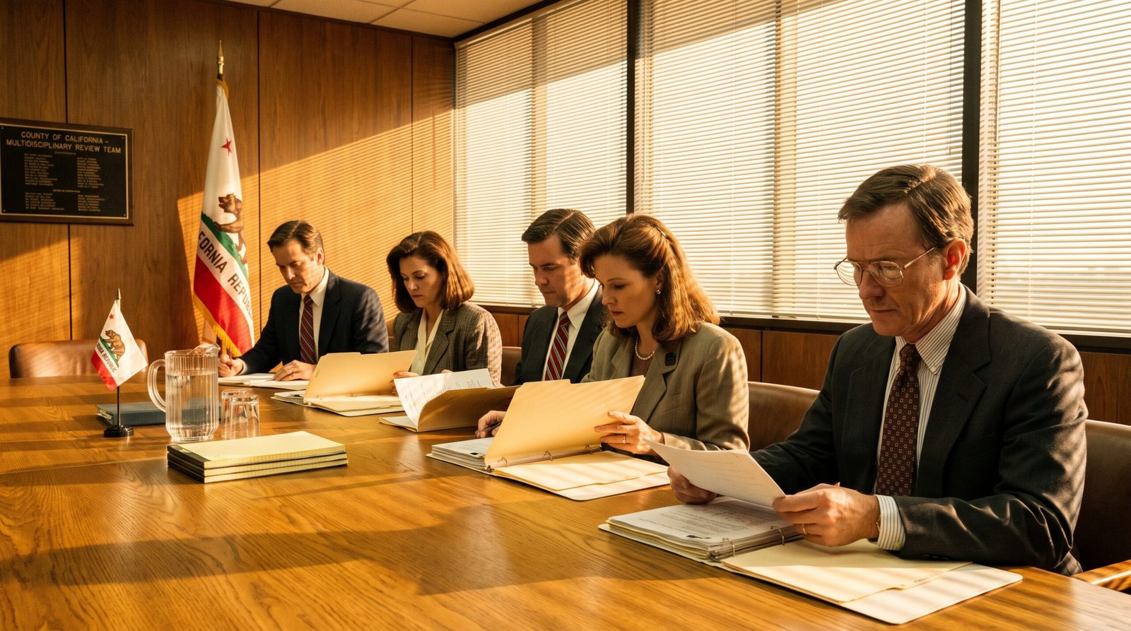 A multidisciplinary team meeting in a California county government conference room, late 1980s. Five professionals in business attire seated around a long wooden table reviewing manila case folders, late afternoon golden hour light through venetian blinds, a small California state flag in the corner. The Child Death Review Team program (AB 4585, Polanco, 1988) required each California county to convene such a team.