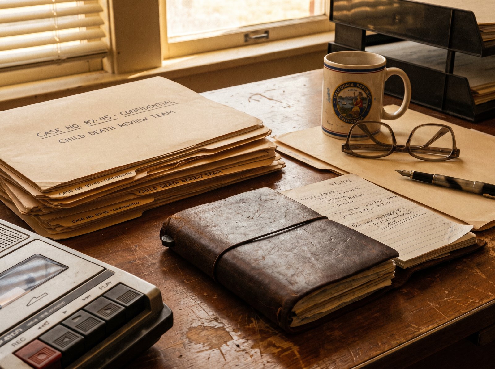 Case folders and a leather notebook on a worn oak desk in a 1980s California county building, late afternoon light raking across the desk surface, a coffee mug, reading glasses, a fountain pen, the working tools of a child death review team.