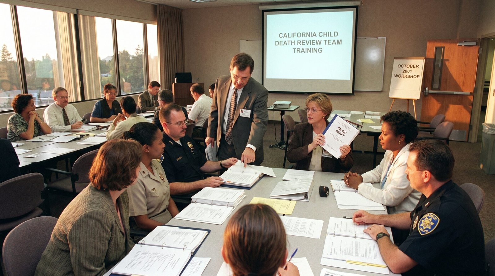 California Child Death Review Team training session early 2000s, multidisciplinary professionals at a training workshop reviewing case materials, late afternoon light, archival editorial style, dignified and procedural. SB 962 (Polanco, 2001) sought to require the CDRT training framework, but was vetoed by Governor Davis.