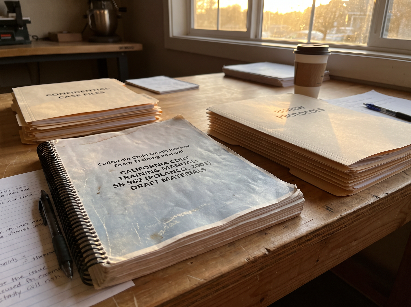 Close-up of a California Child Death Review Team training manual and case review materials on a workshop table, late afternoon light, archival editorial style, the working tool of the California CDRT training.