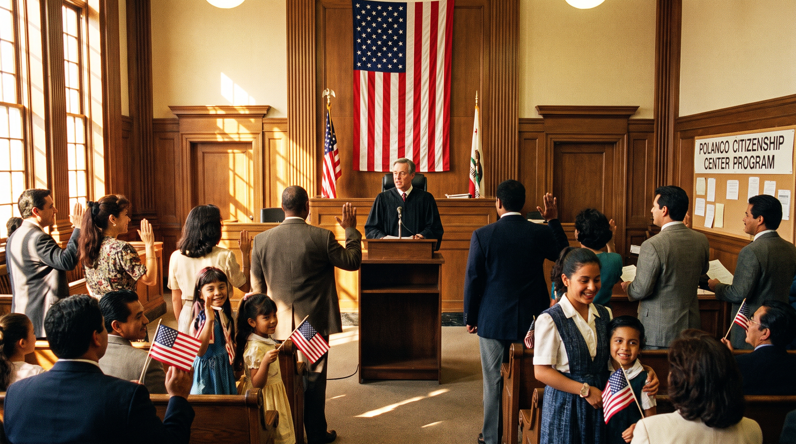 California naturalization ceremony late 1990s, a judge swearing in new American citizens in a crowded California courthouse, families in the audience with American flags, late afternoon light, archival editorial style, dignified and hopeful. SB 872 (Polanco, 1999) sought to create the Polanco Citizenship Center Program to support citizenship education. The bill was VETOED by Governor Davis in 2000.
