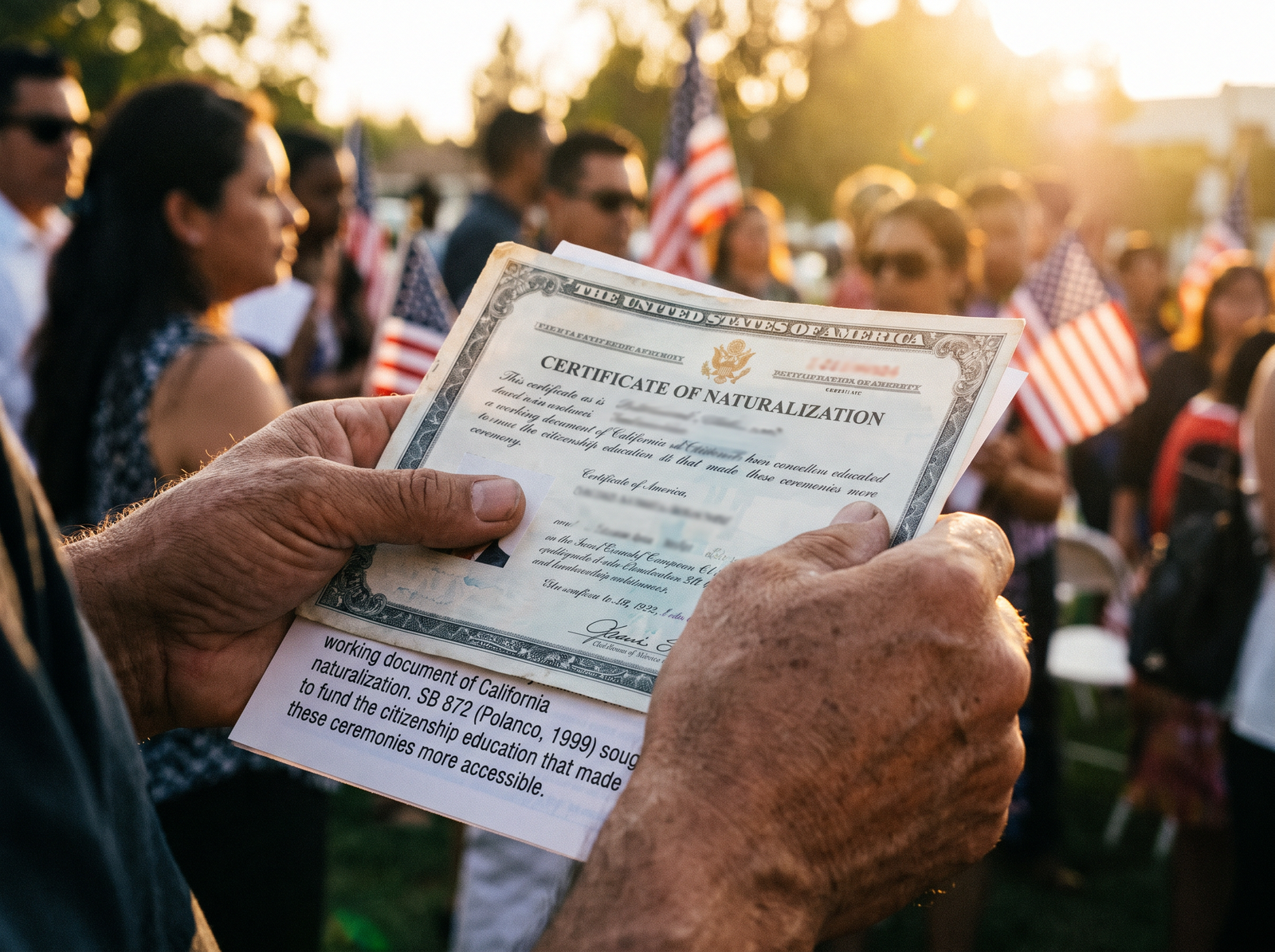 Close-up of hands holding a US Certificate of Naturalization at a citizenship ceremony, late afternoon light, archival editorial style, the working document of California naturalization.