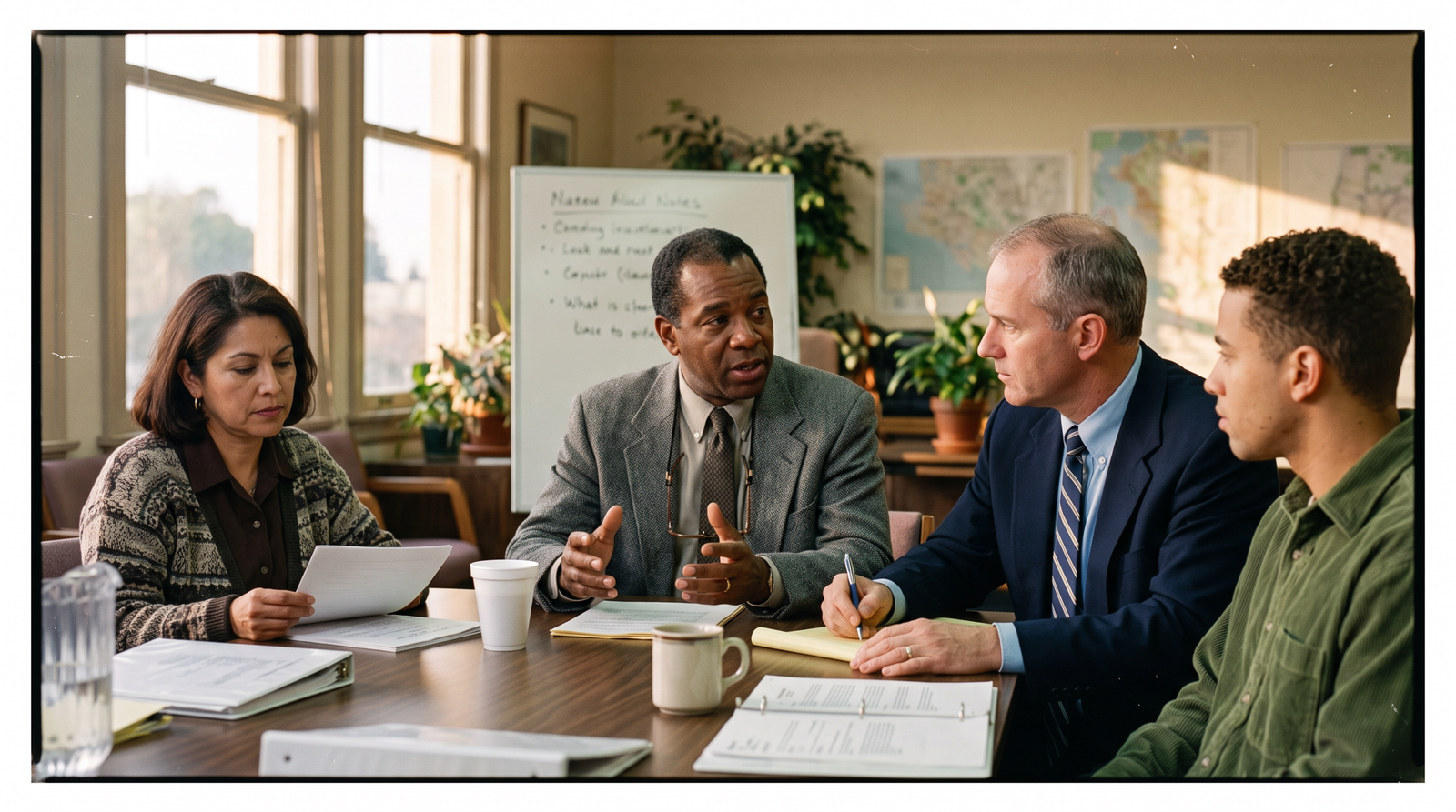 California community development project mid-1990s, an insurance executive meeting with community leaders, late afternoon light, archival editorial style. SB 1217 (Polanco, 1996) required insurance companies to invest in California communities.