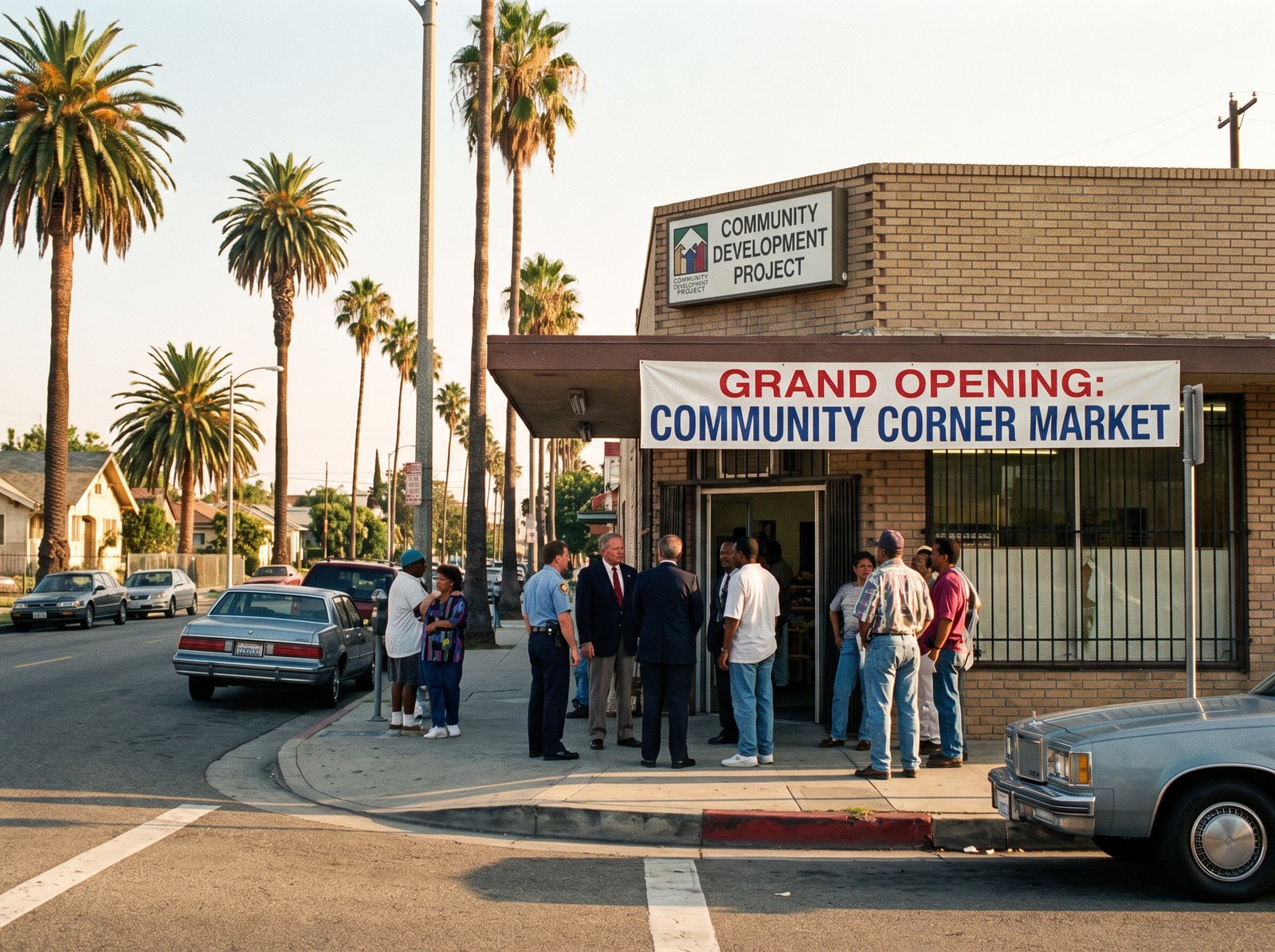 California community development site mid-1990s, a small business storefront opening in a low-income neighborhood, late afternoon light, archival editorial style, the outcome of insurance community development investment.