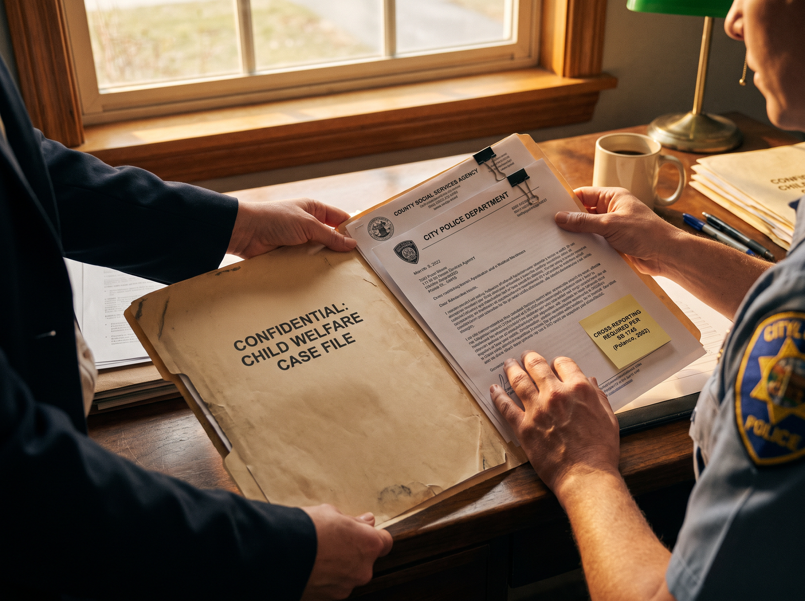 Close-up of a child welfare case file being reviewed by both a social worker and a law enforcement officer, the file open on a desk with both sets of agency letterhead visible, late afternoon light, archival editorial style, the working practice of CPS and law enforcement cross-reporting.