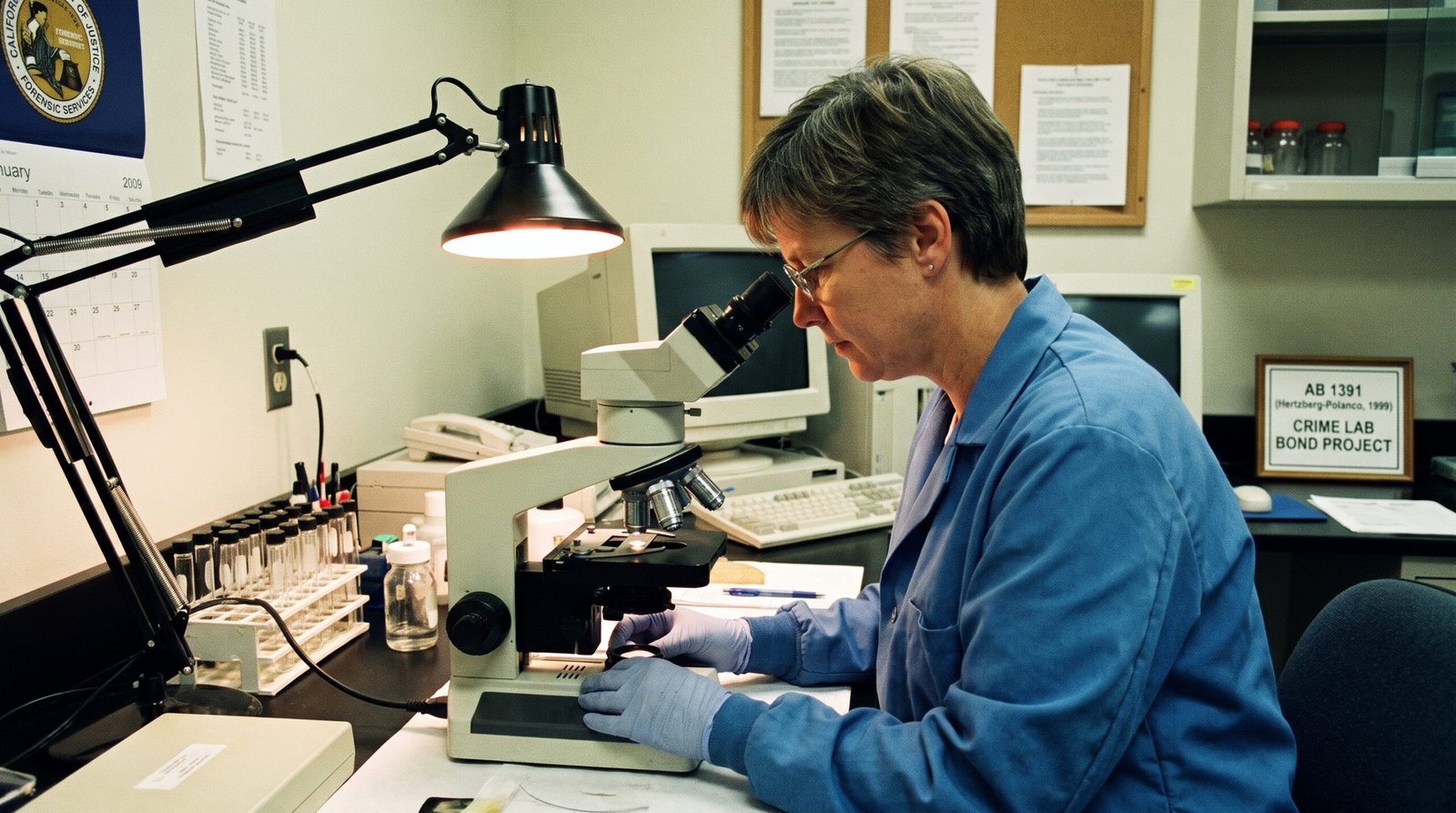 California crime laboratory forensic technician late 1990s, a forensic scientist at a workbench examining evidence under bright task lighting, archival editorial style, dignified and procedural. AB 1391 (Hertzberg-Polanco, 1999) authorized the Crime Lab Bond that funded local crime labs.