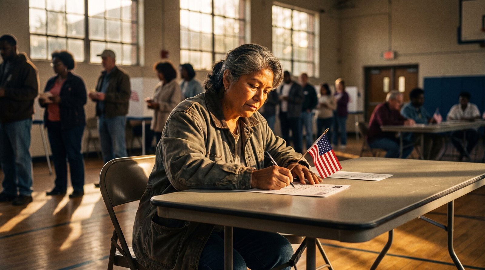 A community voter at a California polling place, a woman filling out her ballot at a folding table in a community center, late afternoon light streaming through tall windows, a small American flag on the table, dignified and intimate moment, the California Voting Rights Act made this moment legally possible for communities that had been locked out of representation.