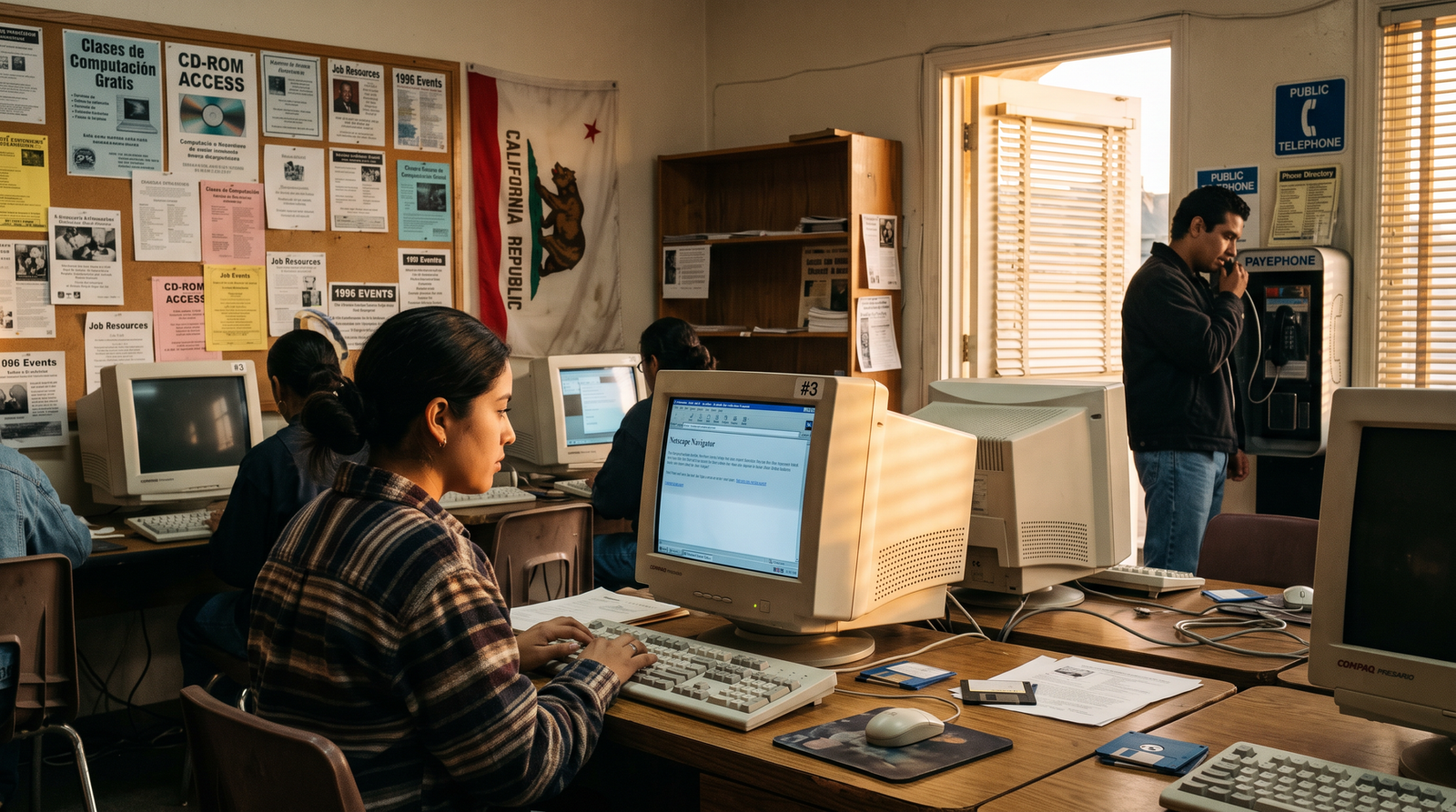 A young Latina woman at a public access computer terminal in a 1990s California community technology access center, late afternoon golden hour light through venetian blinds, a community member at a payphone visible through the doorway, the founding image of California universal service policy.