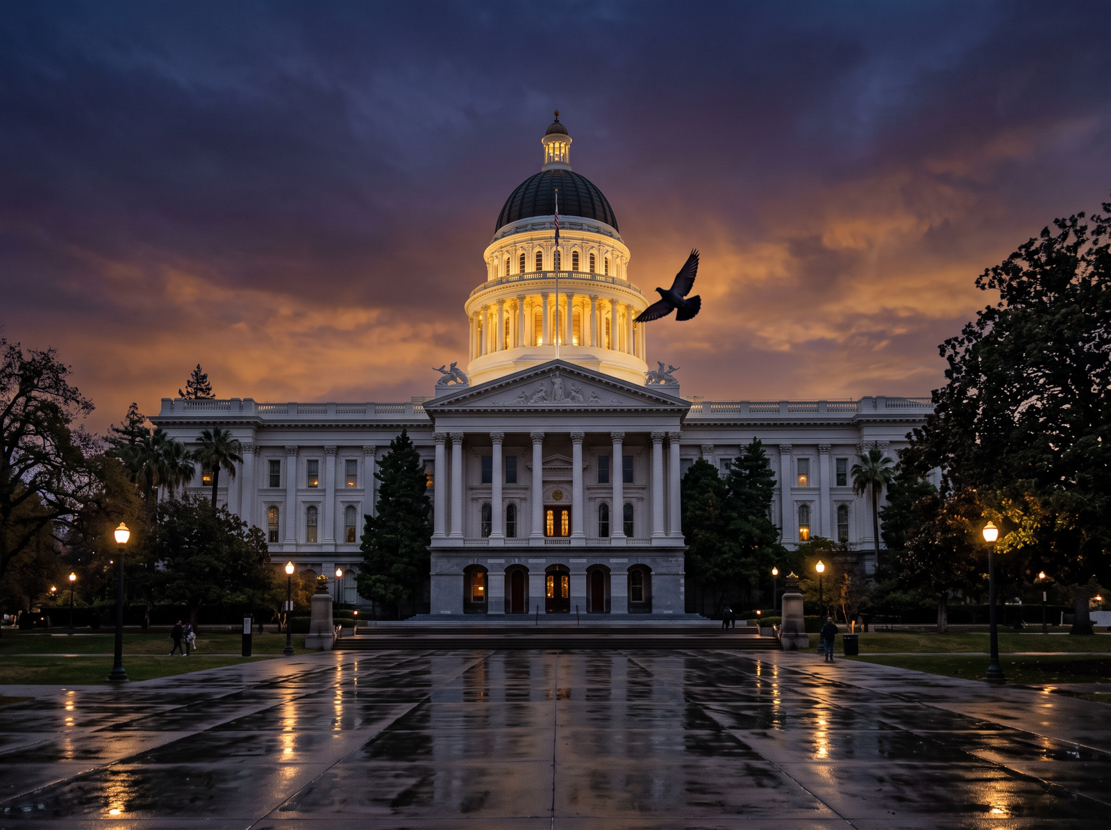 The California State Capitol in Sacramento at dusk, where AB 3643 and SB 1563 were debated in both houses and signed by the Governor.