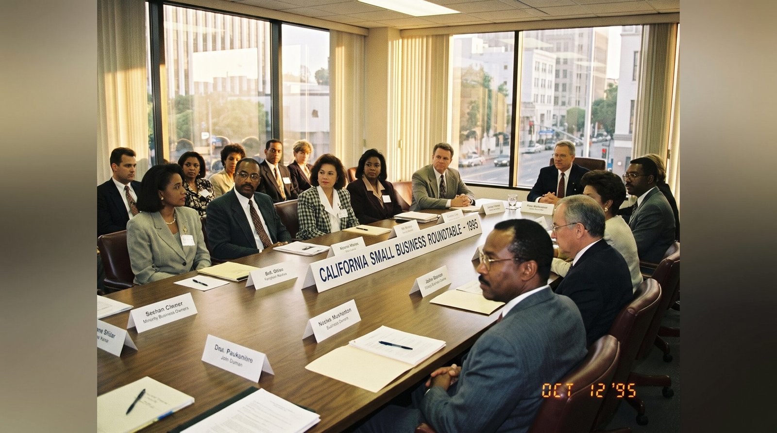 California diverse business leaders meeting mid-1990s, a small business roundtable with women and minority business owners, late afternoon light, archival editorial style. SB 1045 (Polanco, 2002) created the supplier diversity framework.