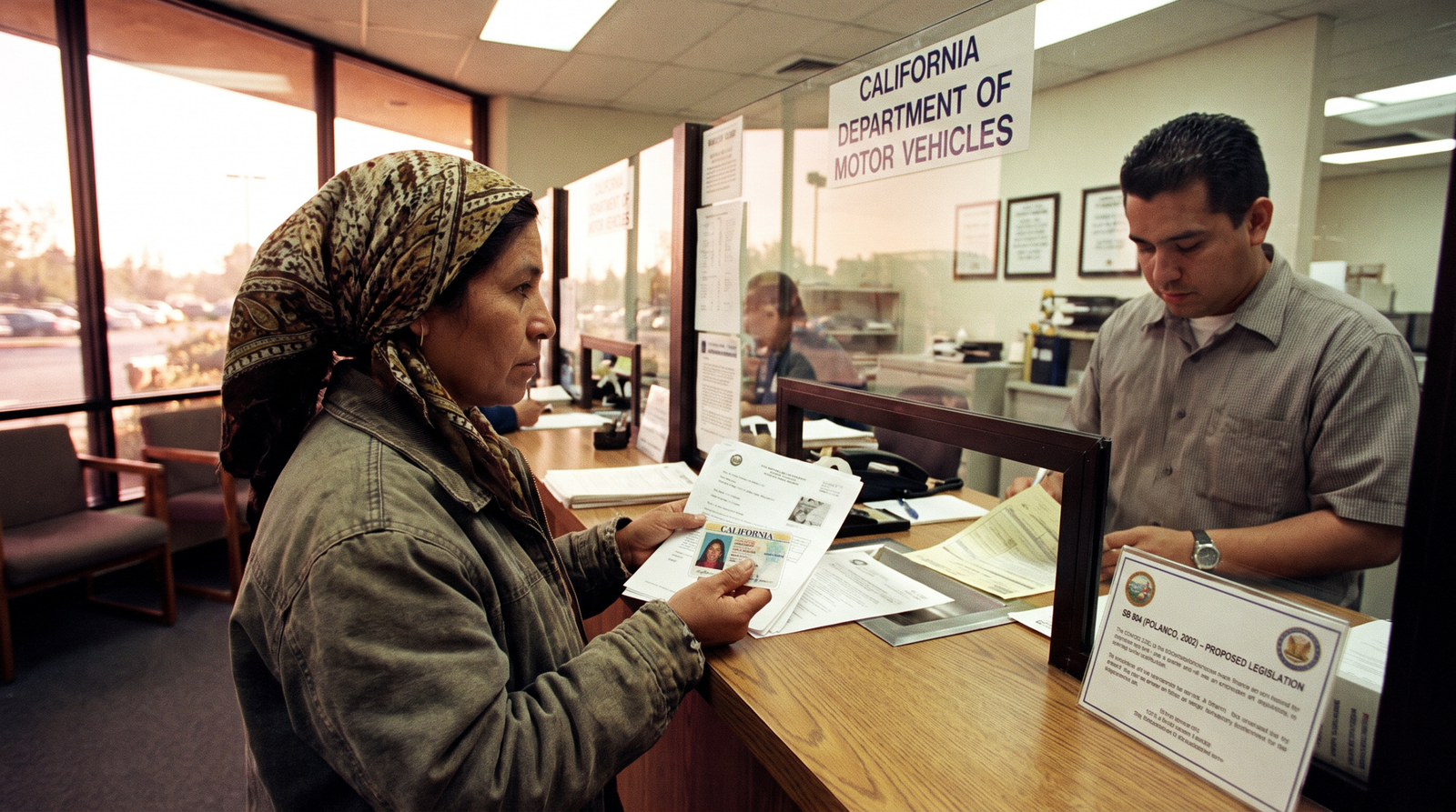 California DMV office early 2000s, an immigrant woman at a service counter holding California identification documents, late afternoon light, archival editorial style, dignified and procedural. SB 804 (Polanco, 2002) sought to allow undocumented immigrants to obtain California driver licenses, vetoed by Governor Davis post-9/11. The direct ancestor of AB 60 (Cedillo, 2013).