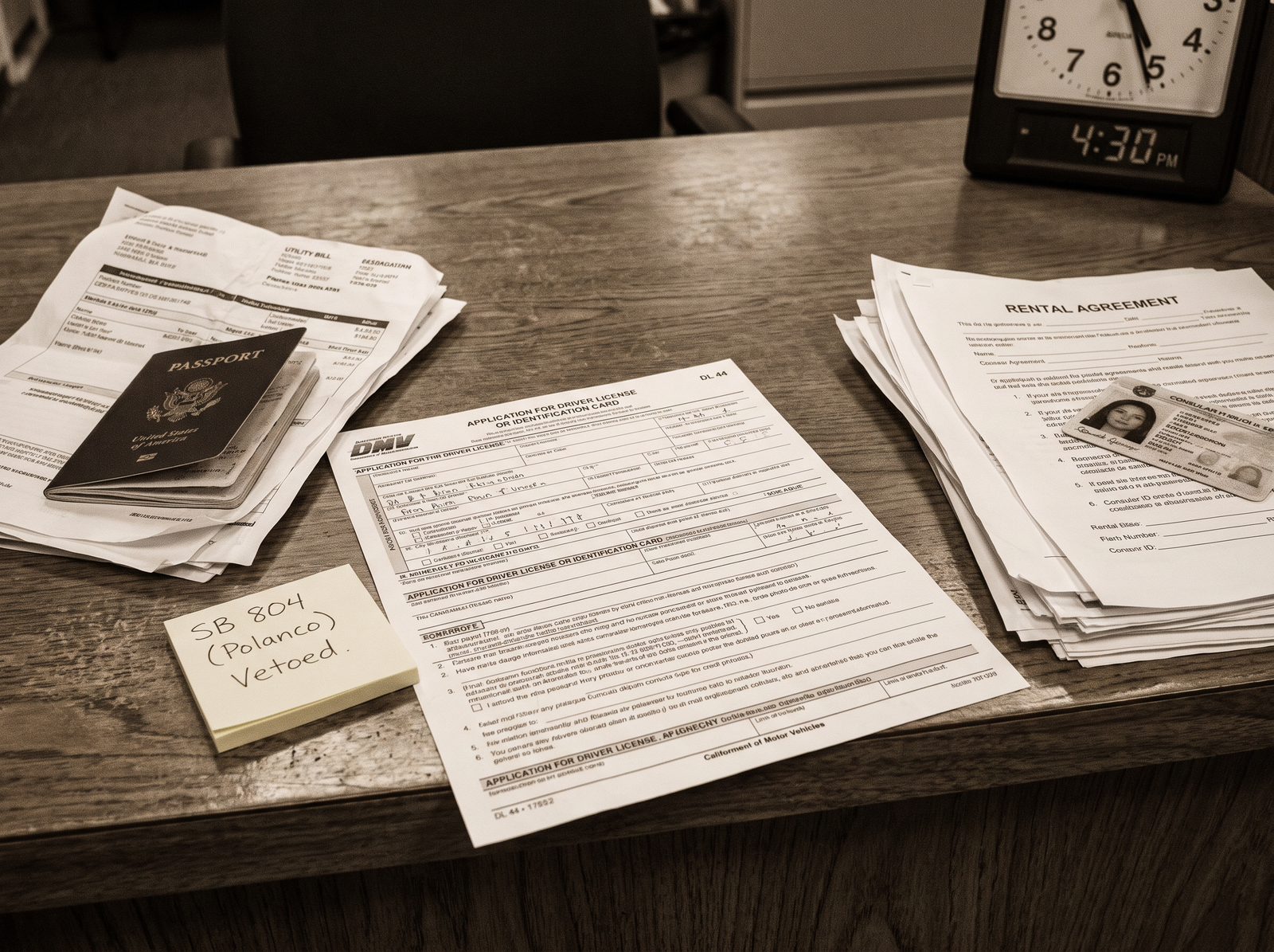 Close-up of a California driver license application form on a DMV counter, with two sets of supporting documents beside it, late afternoon light, archival editorial style, the working document of California driver license access.