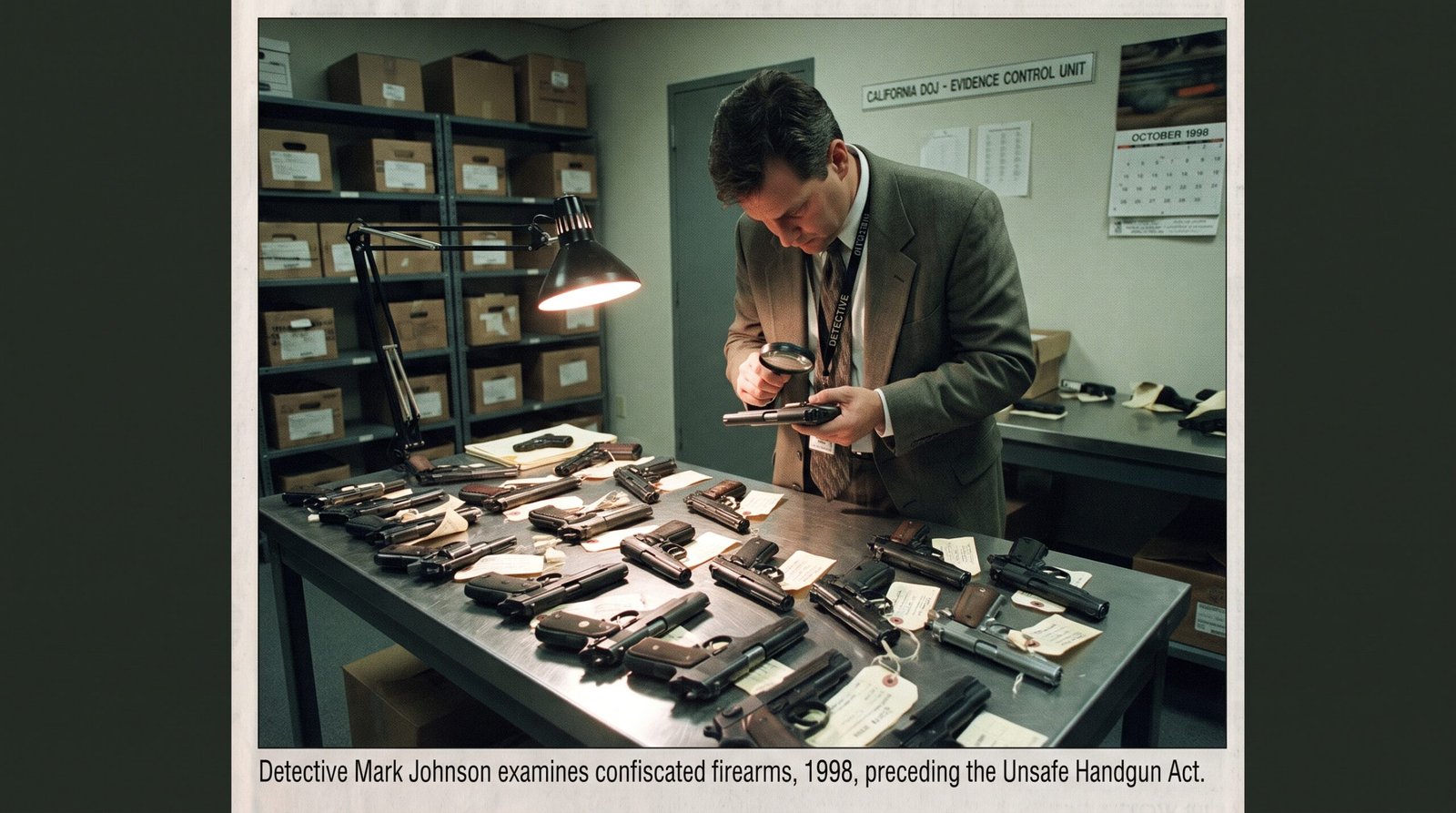 California law enforcement evidence room late 1990s, a detective examining seized handguns on a metal table under bright light, archival editorial style. SB 15 (Polanco, 1999) required handguns to have child-safety features.