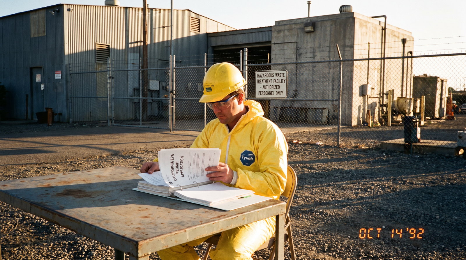 California hazardous waste treatment facility early 1990s, an industrial site with secured containment buildings, a worker in protective gear reviewing permit documents at a metal table, late afternoon golden light, archival editorial style. AB 1772 (Wright-Polanco-Lempert, 1992) reformed hazardous waste treatment permit procedures.
