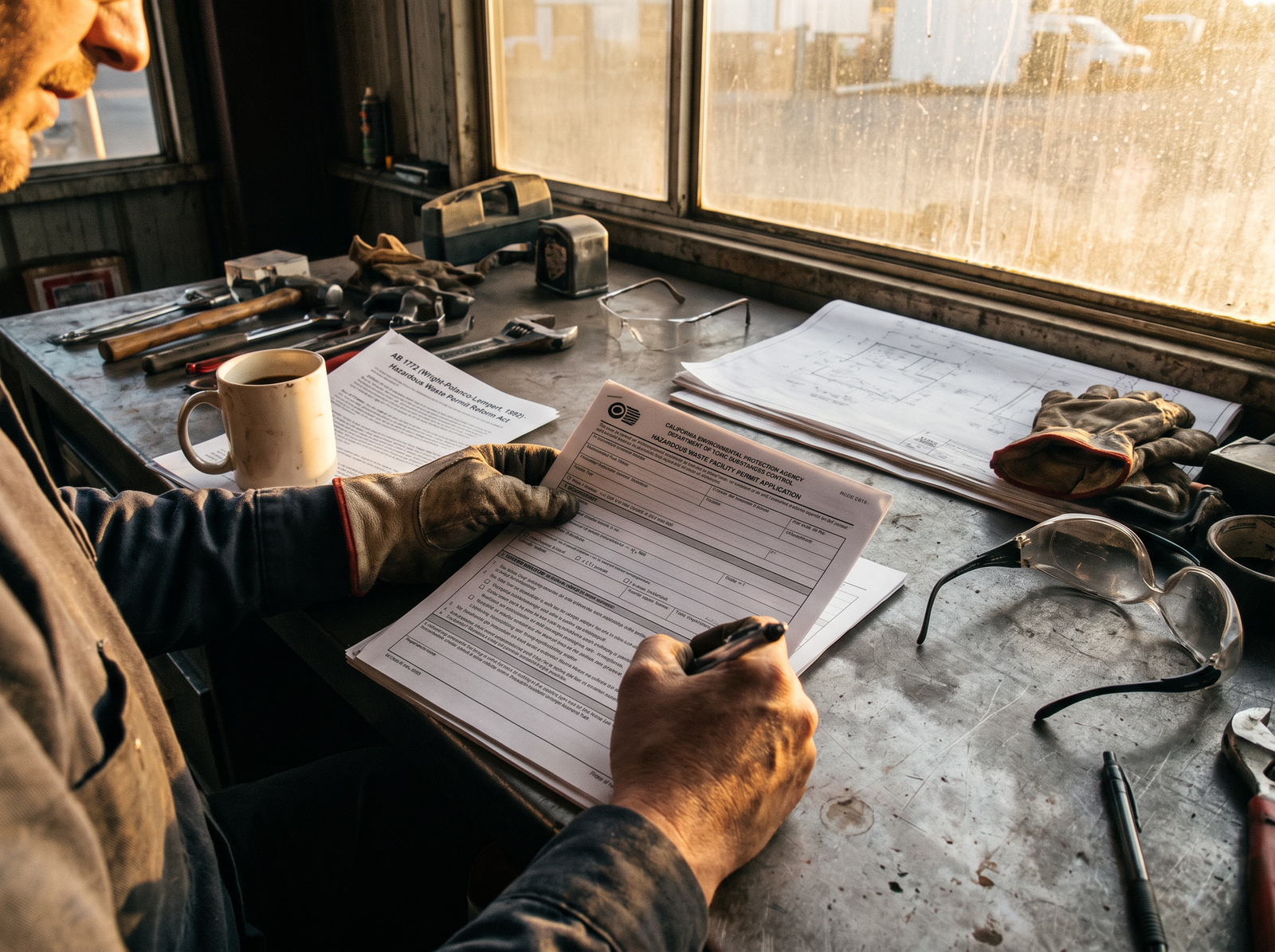 Close-up of a hazardous waste treatment permit application form being filled out at an industrial site desk, late afternoon light, archival editorial style, the working instrument of California hazardous waste permitting reform.