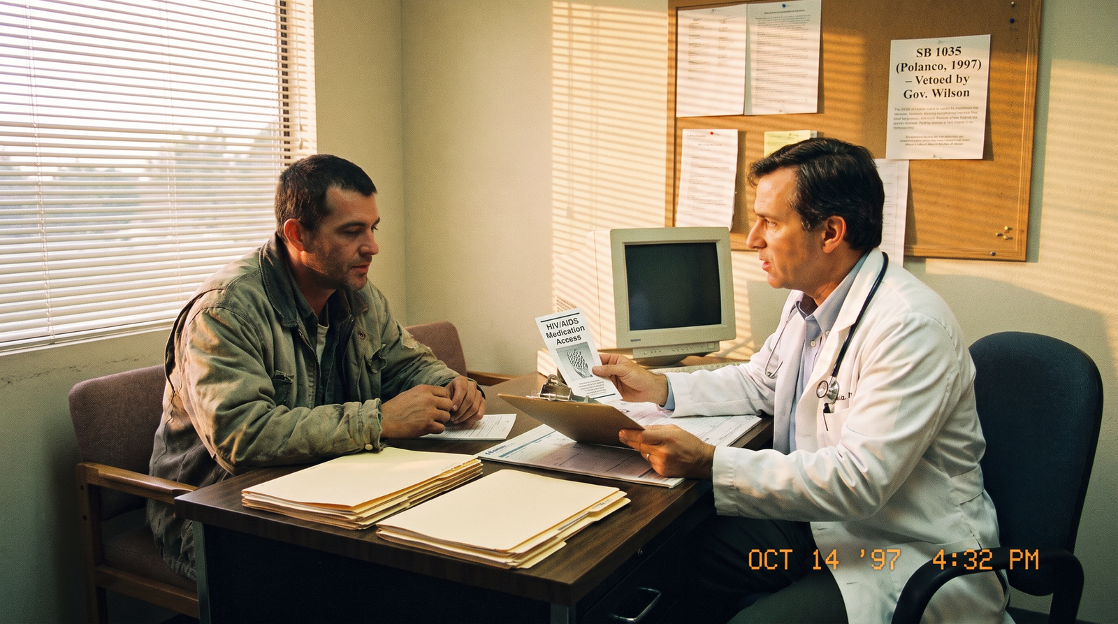 California HIV/AIDS clinic late 1990s, a doctor consulting with a patient about HIV medication access, late afternoon light, archival editorial style, dignified and procedural. SB 1035 (Polanco, 1997) sought to expand HIV Medicaid eligibility, vetoed by Governor Wilson.