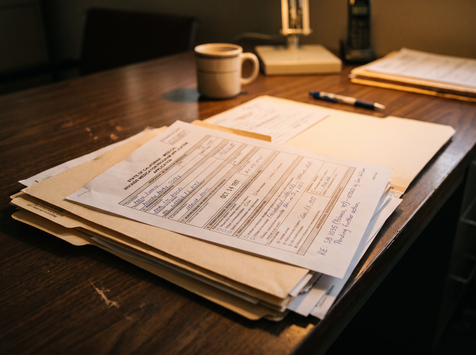 Close-up of a Medi-Cal HIV/AIDS medication application form on a clinic desk, late afternoon light, archival editorial style, the working document of California HIV Medicaid expansion.