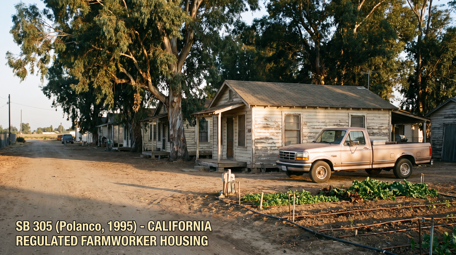 A California farmworker housing site in the 1990s Central Valley, a row of modest single-story wood-frame cabins along a dirt road, a small vegetable field in the foreground, late afternoon golden hour light, eucalyptus trees providing shade, a pickup truck parked beside one of the cabins. SB 305 (Polanco, 1995) brought employer-provided housing under California state regulation.