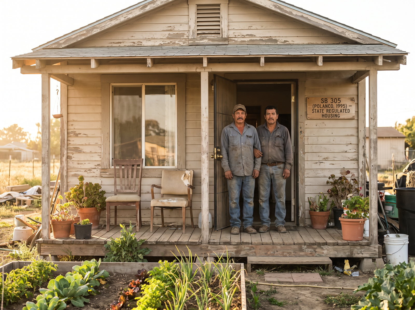 A farmworker couple standing at the doorway of a small wood-frame cabin in the late afternoon light, modest but well-kept, a porch with a couple of chairs, a small garden in the foreground, the residents of California farmworker housing that SB 305 (Polanco, 1995) brought under state regulation.