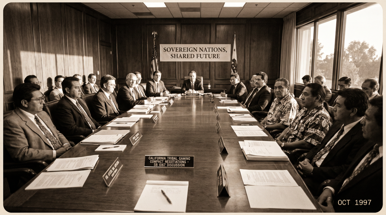 California tribal gaming facility late 1990s, a tribal council meeting with state officials about gaming compact terms, late afternoon light, archival editorial style, dignified and procedural. SB 1067 (Polanco, 1997) sought to authorize Class III gaming compacts with California tribes, vetoed by Governor Wilson.