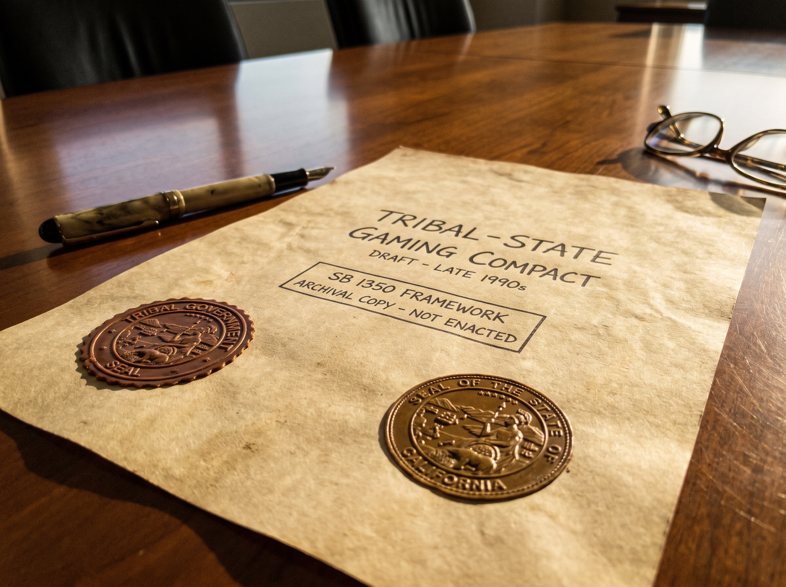 Close-up of a tribal-state gaming compact document with tribal seal and California state seal on a meeting table, late afternoon light, archival editorial style, the working instrument of California tribal gaming policy.