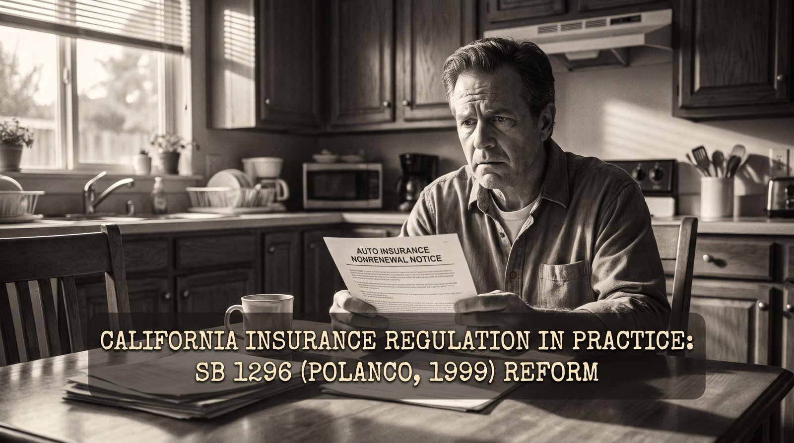 California homeowner receiving an auto insurance nonrenewal notice at their kitchen table, late afternoon light, archival editorial style, the working practice of California insurance regulation. SB 1296 (Polanco, 1999) reformed property/auto insurance nonrenewal protections.