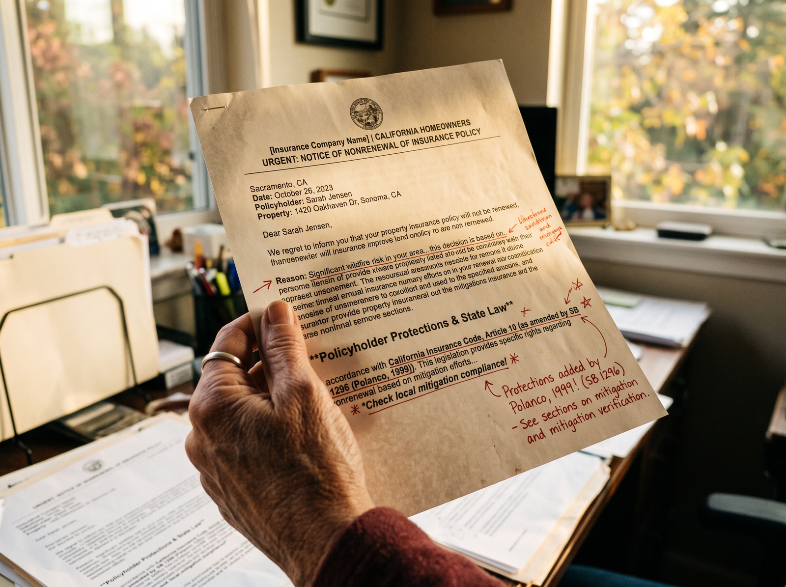 Close-up of a hand holding a California property insurance nonrenewal letter, late afternoon light, archival editorial style, the working document of California insurance nonrenewal reform.