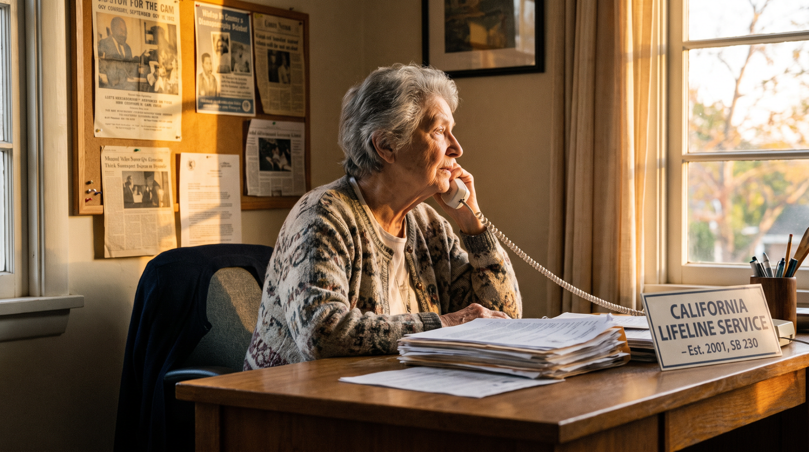 California telephone lifeline service office early 2000s, a senior citizen using a basic phone at home, late afternoon light, archival editorial style, dignified and procedural. SB 230 (Polanco, 2001) sought to establish universal lifeline telephone service, vetoed by Governor Davis.