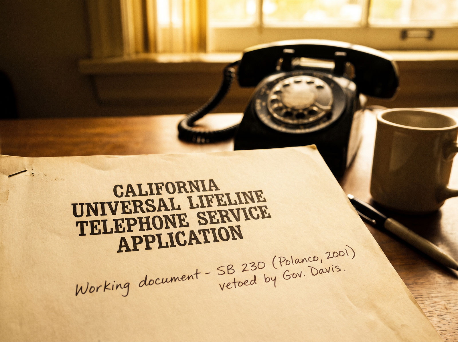 Close-up of a California lifeline telephone service application form on a desk, with a basic telephone in the background, late afternoon light, archival editorial style, the working document of California universal lifeline service.