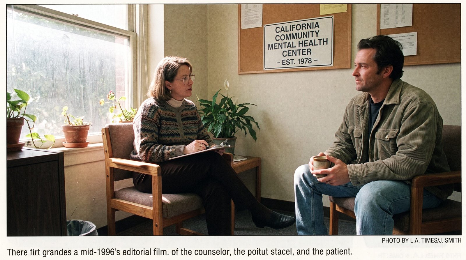 A California community mental health clinic interior, mid-1990s, a counselor seated across from a patient at a small table, soft window light, archival editorial style. AB 757 (Polanco, 1994) carved specialty mental health services out of standard Medi-Cal and gave county mental health departments the responsibility for delivering them.