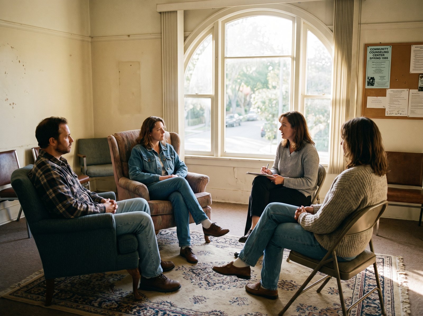 A small group therapy session in a California community mental health clinic, mid-1990s, four adults seated in a circle of chairs, a counselor taking notes, soft afternoon light, the working practice of California specialty mental health services under AB 757.