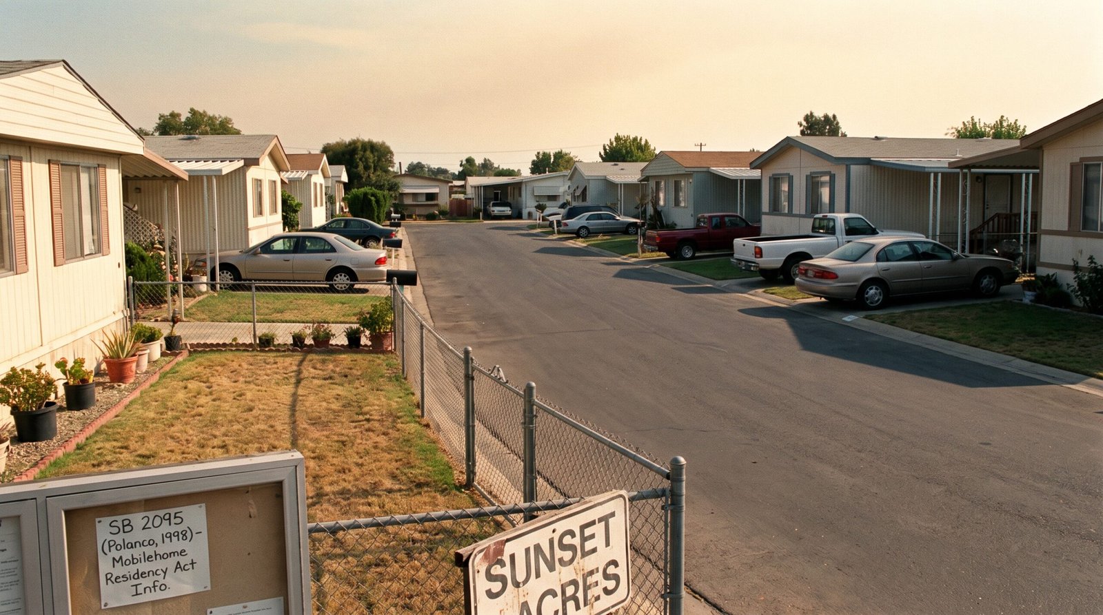 California mobilehome park mid-afternoon late 1990s, a row of modest single-wide mobile homes in a planned community with paved streets and small yards, archival editorial style, the kind of housing where more than a million Californians lived. SB 2095 (Polanco, 1998) reformed the Mobilehome Residency Act.