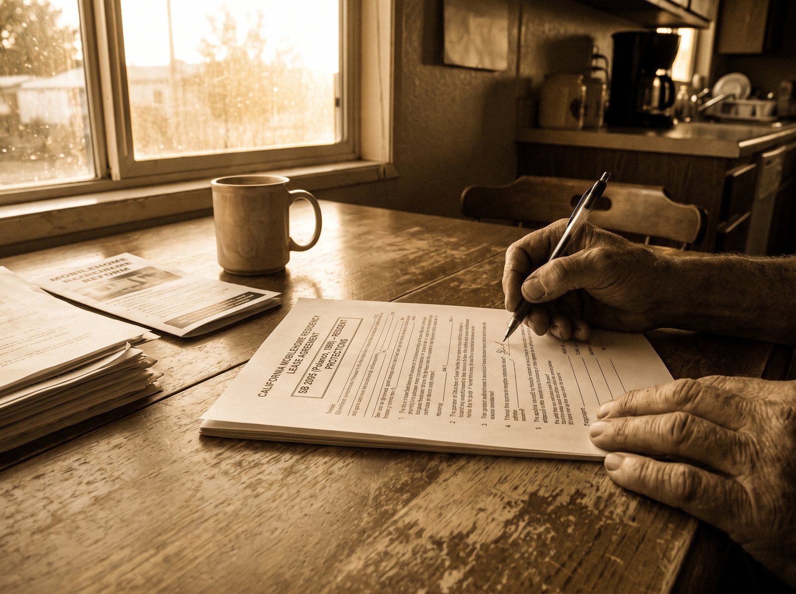 Close-up of a hand signing a California mobilehome residency lease on a kitchen table, late afternoon light, archival editorial style, the working practice of mobilehome residency reform.