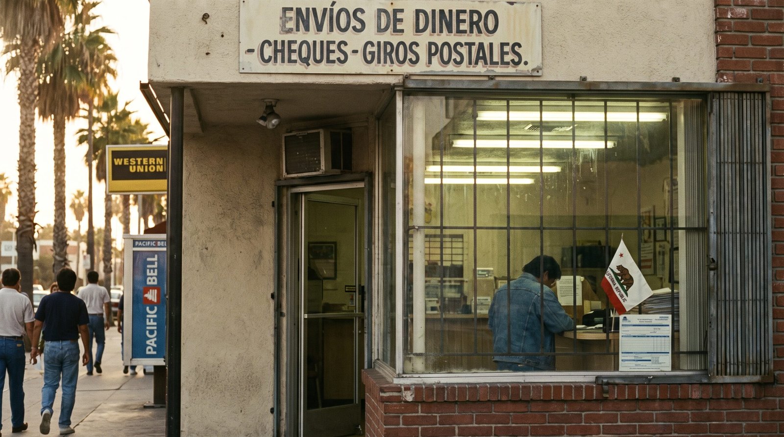 A California money transfer storefront in the late 1980s, a small neighborhood check cashing and money order business, a person at the counter filling out a money order form, late afternoon golden light, a hand-painted Spanish-language sign above the door. AB 1461 (Polanco, 1989) brought the money transmission industry under state licensing and bonding for the first time.