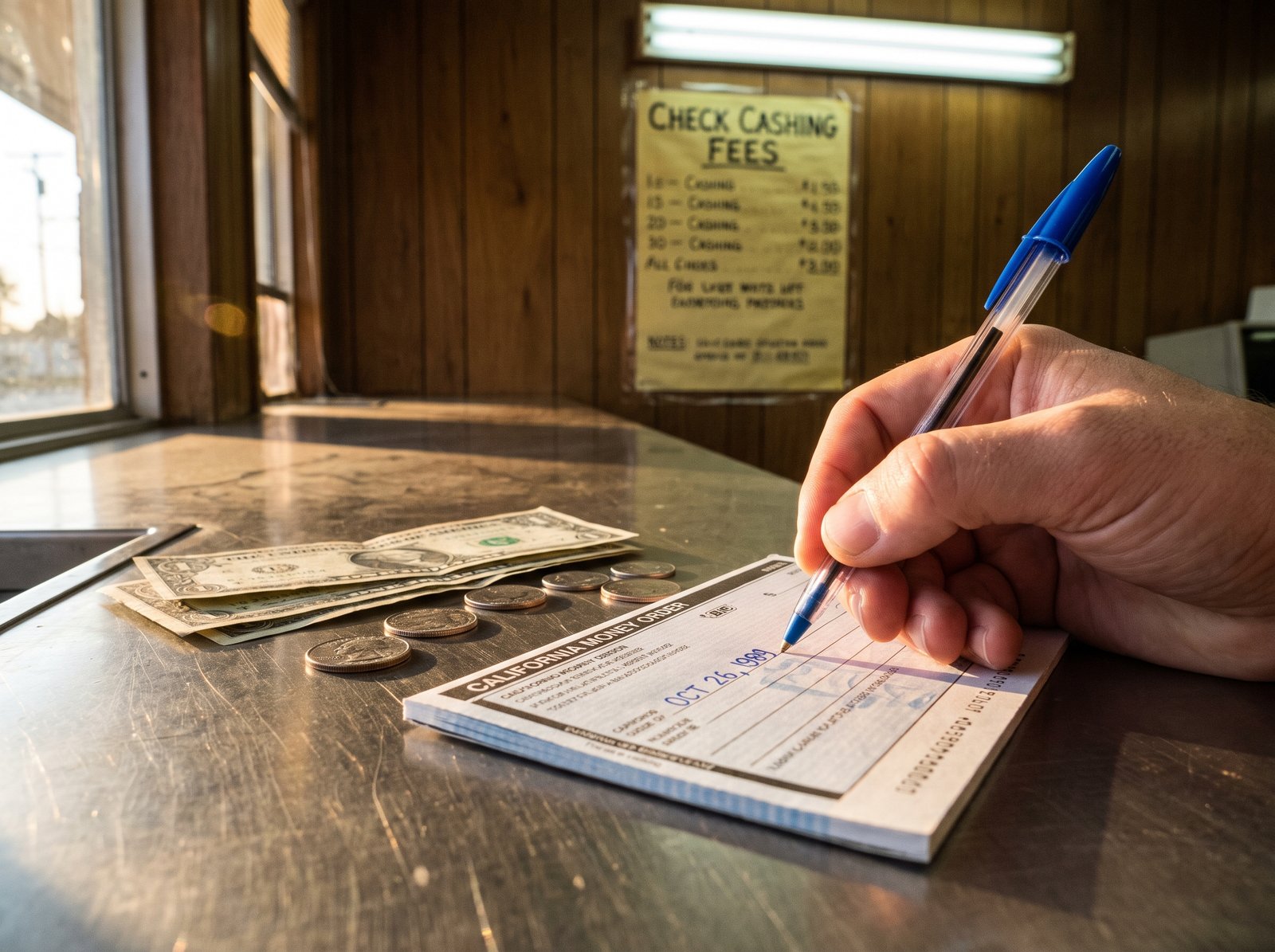 A money order form being filled out on a worn metal counter, a ballpoint pen in hand, late 1980s California check cashing store, a laminated rate chart on the wall behind, late afternoon light catching the metal counter, the working tools of California money transmission before AB 1461 brought the industry under state licensing.