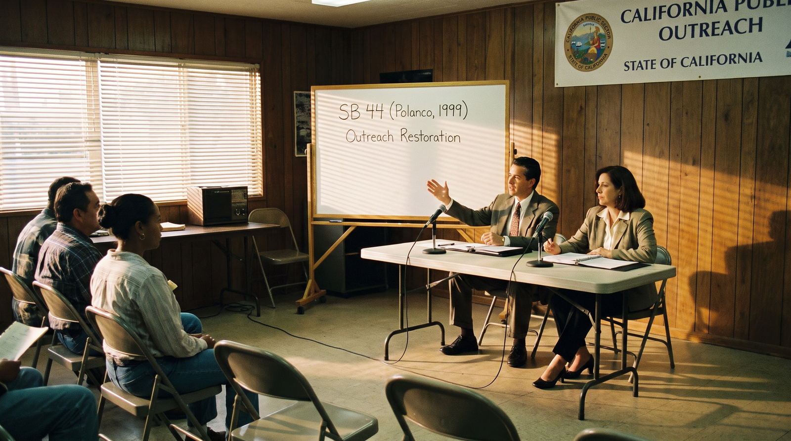California public sector outreach office late 1990s, two state workers in a community outreach meeting, late afternoon light, archival editorial style, dignified and procedural. SB 44 (Polanco, 1999) sought to restore public sector outreach programs after Proposition 209, vetoed by Governor Davis.