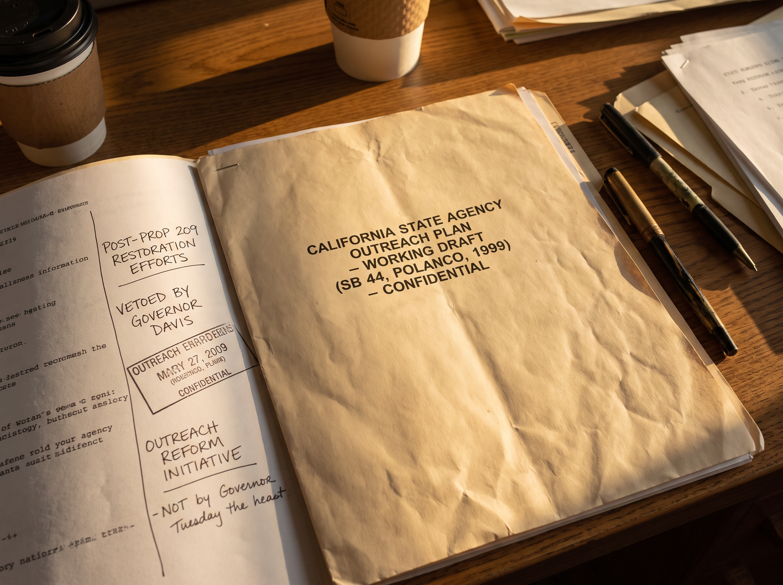 Close-up of a California state agency outreach plan document on a desk, late afternoon light, archival editorial style, the working document of California public sector outreach reform.